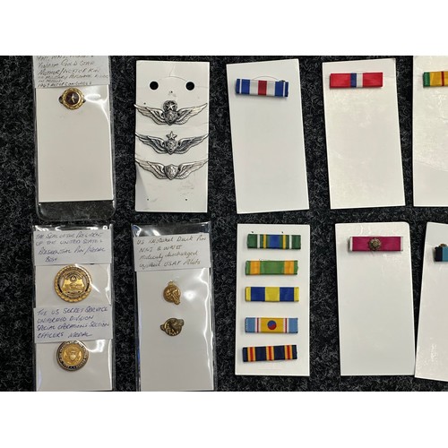 3091 - A Collection of US Medal Ribbon Bars, two empty Medal award cases with card covers, miniature US Nav... 