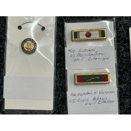 3091 - A Collection of US Medal Ribbon Bars, two empty Medal award cases with card covers, miniature US Nav... 