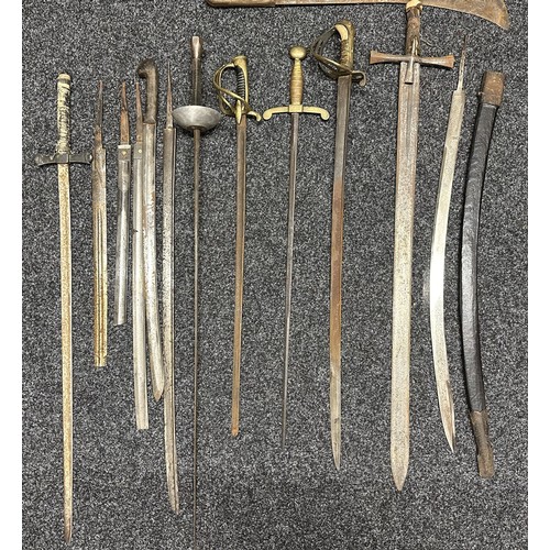 3109 - Collection of “Barn found” edged weapons, including a Sudanese Kaskara, etc.