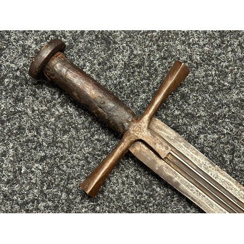 3117 - Sudanese Kaskara Sword with double edged fullered blade 935mm in length. Steel crossguard and leathe... 