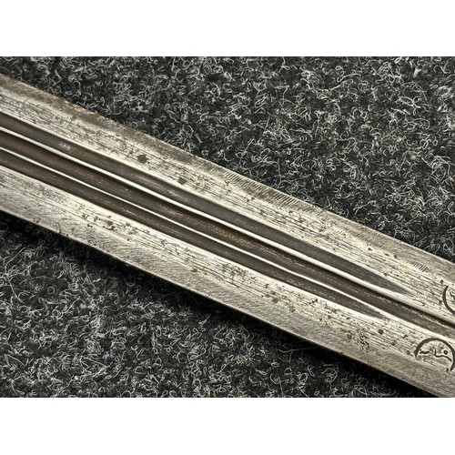 3117 - Sudanese Kaskara Sword with double edged fullered blade 935mm in length. Steel crossguard and leathe... 