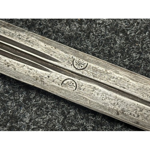 3117 - Sudanese Kaskara Sword with double edged fullered blade 935mm in length. Steel crossguard and leathe... 