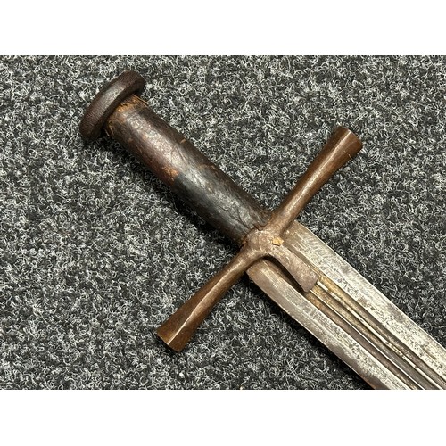 3117 - Sudanese Kaskara Sword with double edged fullered blade 935mm in length. Steel crossguard and leathe... 