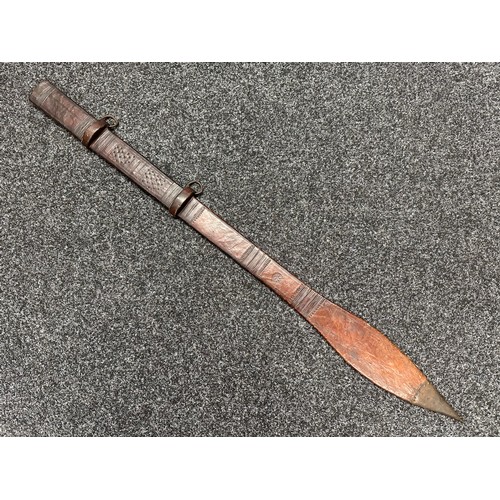 3117 - Sudanese Kaskara Sword with double edged fullered blade 935mm in length. Steel crossguard and leathe... 