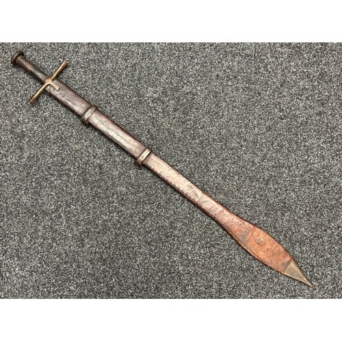 3117 - Sudanese Kaskara Sword with double edged fullered blade 935mm in length. Steel crossguard and leathe... 