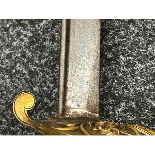 3120 - Victorian Royal Navy Officers Pipe Backed Sword with single edged blade with etched decoration and m... 