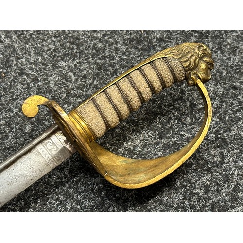 3120 - Victorian Royal Navy Officers Pipe Backed Sword with single edged blade with etched decoration and m... 