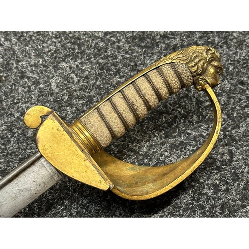 3120 - Victorian Royal Navy Officers Pipe Backed Sword with single edged blade with etched decoration and m... 