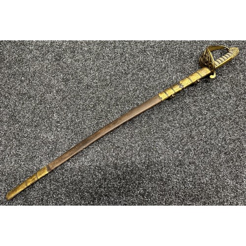 3120 - Victorian Royal Navy Officers Pipe Backed Sword with single edged blade with etched decoration and m... 