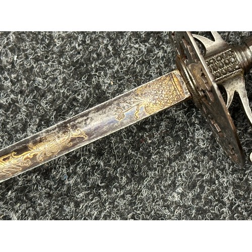 3122 - Court Sword with triangular blade with blued and gilt etched decorated panels, 740mm in length. Oval... 