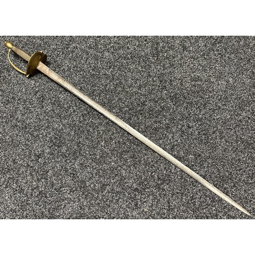 3123 - Sword with single edged fullered blade 815mm in length, no makers mark. Brass heart shaped guard. Wi... 