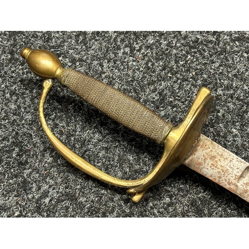 3123 - Sword with single edged fullered blade 815mm in length, no makers mark. Brass heart shaped guard. Wi... 