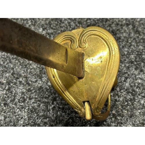 3123 - Sword with single edged fullered blade 815mm in length, no makers mark. Brass heart shaped guard. Wi... 