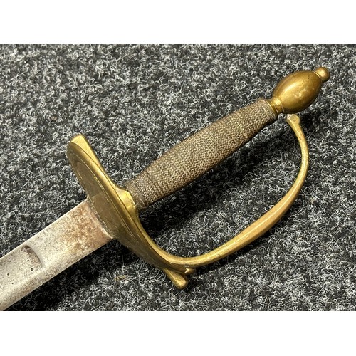 3123 - Sword with single edged fullered blade 815mm in length, no makers mark. Brass heart shaped guard. Wi... 