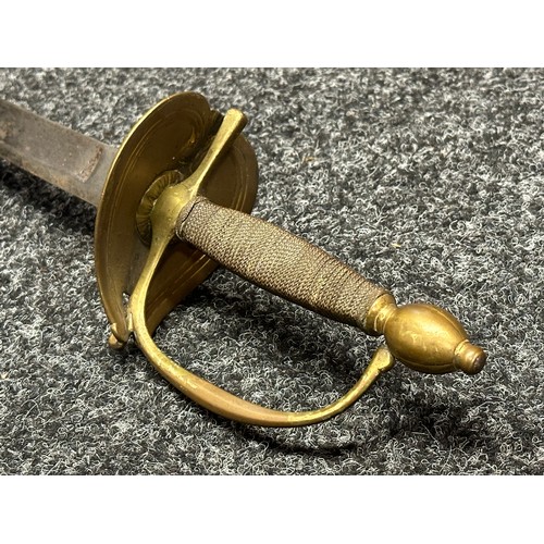 3123 - Sword with single edged fullered blade 815mm in length, no makers mark. Brass heart shaped guard. Wi... 