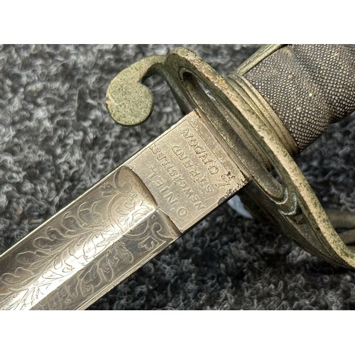 3125 - Victorian British London Scottish Rifle Volunteers Officers Sword with fullered decorated etched bla... 