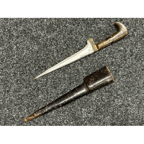 3129 - Turkish Knife with 220mm long blade decorated with three brass discs. Horn grip inlaid with silver w... 