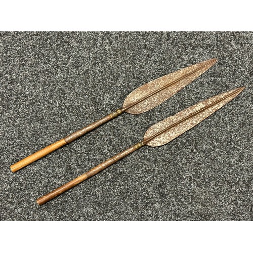 3130 - Two African Stabbing Spears both with double edged blades, one 290mm in length and the other 310mm i... 