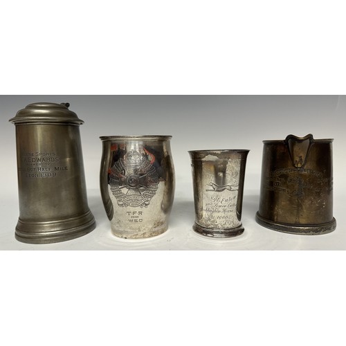 3150 - Four Engraved Tankards: Hallmarked Silver Rifle Brigade Tankard engraved with cap badge design and d... 