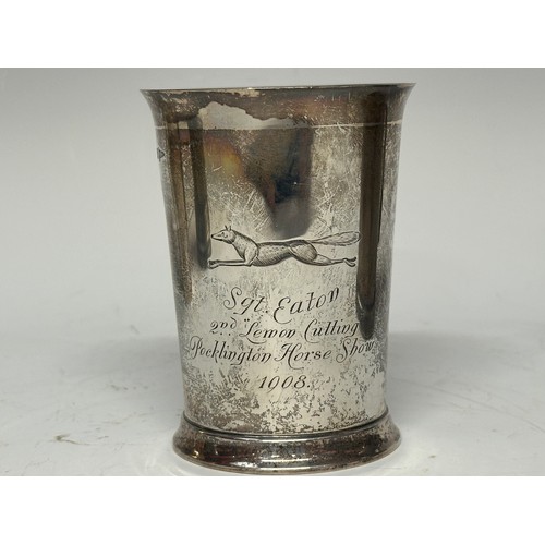 3150 - Four Engraved Tankards: Hallmarked Silver Rifle Brigade Tankard engraved with cap badge design and d... 