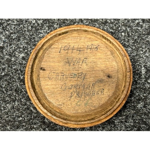 3155 - WW1 British Trench Art Tobacco Jar of the Yorkshire Hussars, the wooden cover carved by a German POW... 