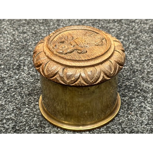 3155 - WW1 British Trench Art Tobacco Jar of the Yorkshire Hussars, the wooden cover carved by a German POW... 