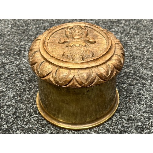 3155 - WW1 British Trench Art Tobacco Jar of the Yorkshire Hussars, the wooden cover carved by a German POW... 