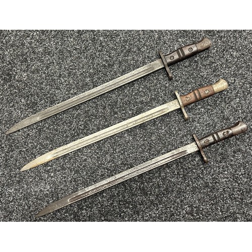 3160 - WW1 British P13 Bayonets x 2 and one US P17 Bayonet. All without scabbards, all maker marked 