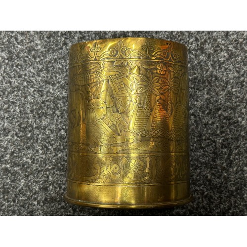 3161 - WW1 Russian Trench Art Shell Case lavishly decorated overall with scenes of Ancient Egypt along with... 