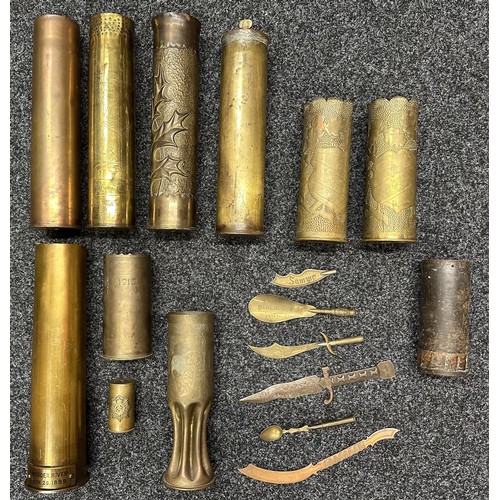 3163 - WW1 British Trench Art Collection comprising of eight shell cases and six spoons/letter openers. Inc... 