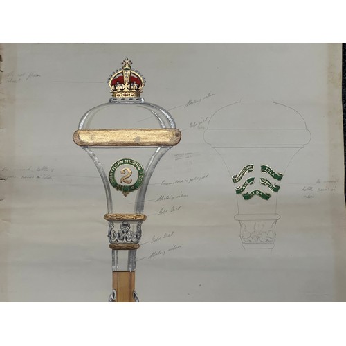 3168 - WW1 British Original Artists Hand Painted Designs for Drum Majors Batons for the 1st Battalion, The ... 