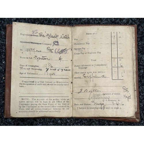 3176 - WW1 British AB64 and Paperwork group to 10737 Pte J Britton, 8th Battalion The Black Watch. Large am... 