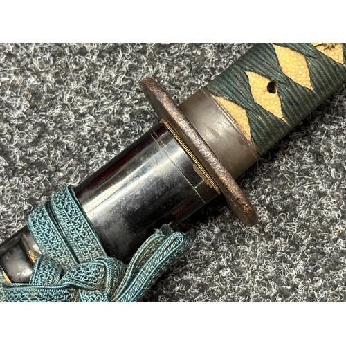 3189 - Japanese Sword furniture set comprising of 250mm long blue cloth bound Shagreen grip, gilt Dragon Me... 