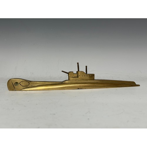 3199 - WW2 British Trench Art model of a Royal Navy T Class Submarine in brass. 29cm in length.