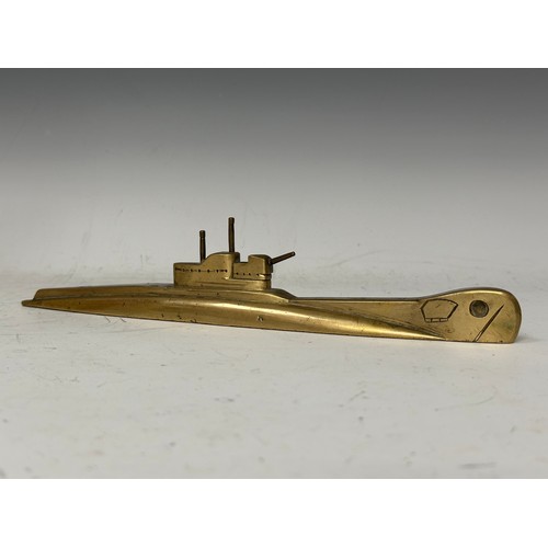 3199 - WW2 British Trench Art model of a Royal Navy T Class Submarine in brass. 29cm in length.