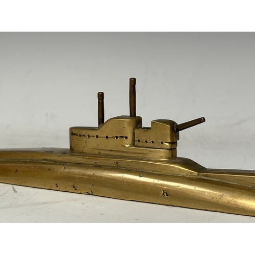 3199 - WW2 British Trench Art model of a Royal Navy T Class Submarine in brass. 29cm in length.