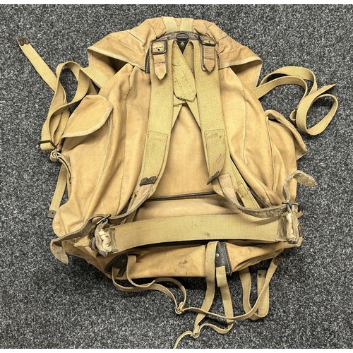 3205 - WW2 British Bergan Rucksack in tan webbing, dated 1942. Complete with all straps and working zip fas... 