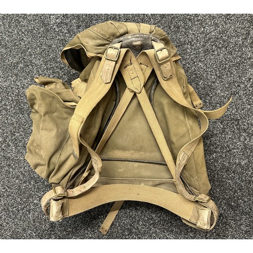 3207 - WW2 British Bergan Rucksack in green webbing, dated 1945. Complete with all straps and working zip f... 