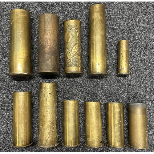 3220 - WW2 British 25 Prd & one 6 Prd A/T Shell Case, one 75mm Trench Art case, WW1 German 77mm shell case ... 