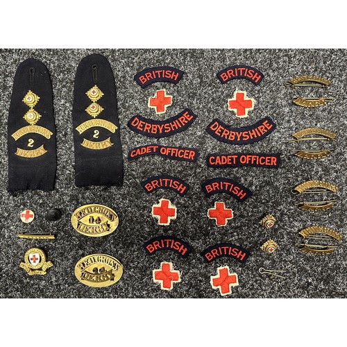 3254 - WW2 British Red Cross shoulder straps with Officers rank pips and Derbyshire titles, brass and cloth... 