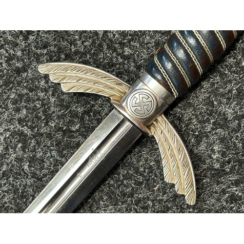 3266 - WW2 Third Reich Luftwaffe Officers Sword with double edged fullered blade 665mm in length, maker mar... 