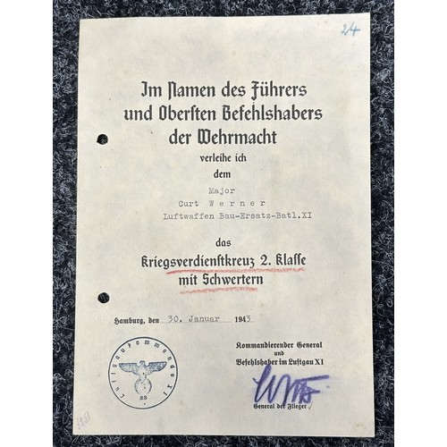 3274 - WW2 Third Reich Luftwaffe Officers Document Group to Major Curt Werner, Luftwaffen Bau-Ersatz Batl. ... 