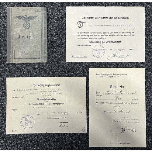 3275 - WW2 Third Reich Heer Medics Wehrpass and documents group to Marzell Muszumanski comprising of Heer W... 