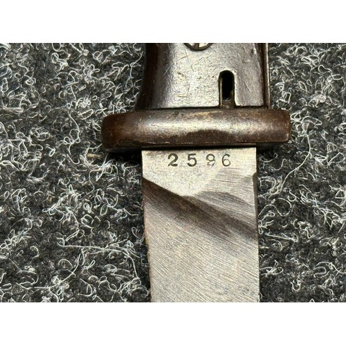 3287 - WW2 Third Reich K98 Bayonet with heavily ground blade 235mm in length, serial number 2596, maker mar... 