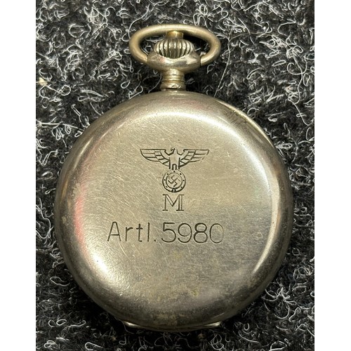 3291 - WW2 Third Reich Kriegsmarine Minvera 19/CH9 Chronograph Pocket Watch. Black dial with Luminous Arabi... 