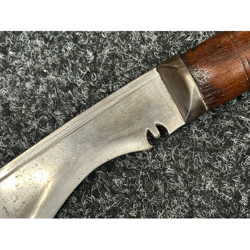 3297 - Gurhka Kukri knife with single edged blade 290mm in length, no makers mark. Wooden grips. Steel pomm... 