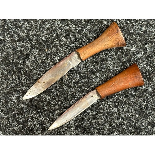 3297 - Gurhka Kukri knife with single edged blade 290mm in length, no makers mark. Wooden grips. Steel pomm... 