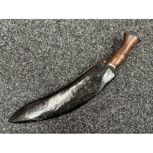 3297 - Gurhka Kukri knife with single edged blade 290mm in length, no makers mark. Wooden grips. Steel pomm... 