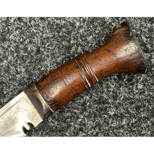 3297 - Gurhka Kukri knife with single edged blade 290mm in length, no makers mark. Wooden grips. Steel pomm... 