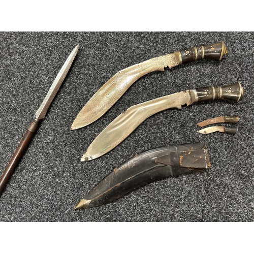 3299 - Indian weapons collection comprising of: Gurhka Kukri Knife with single edged blade 290mm in length,... 